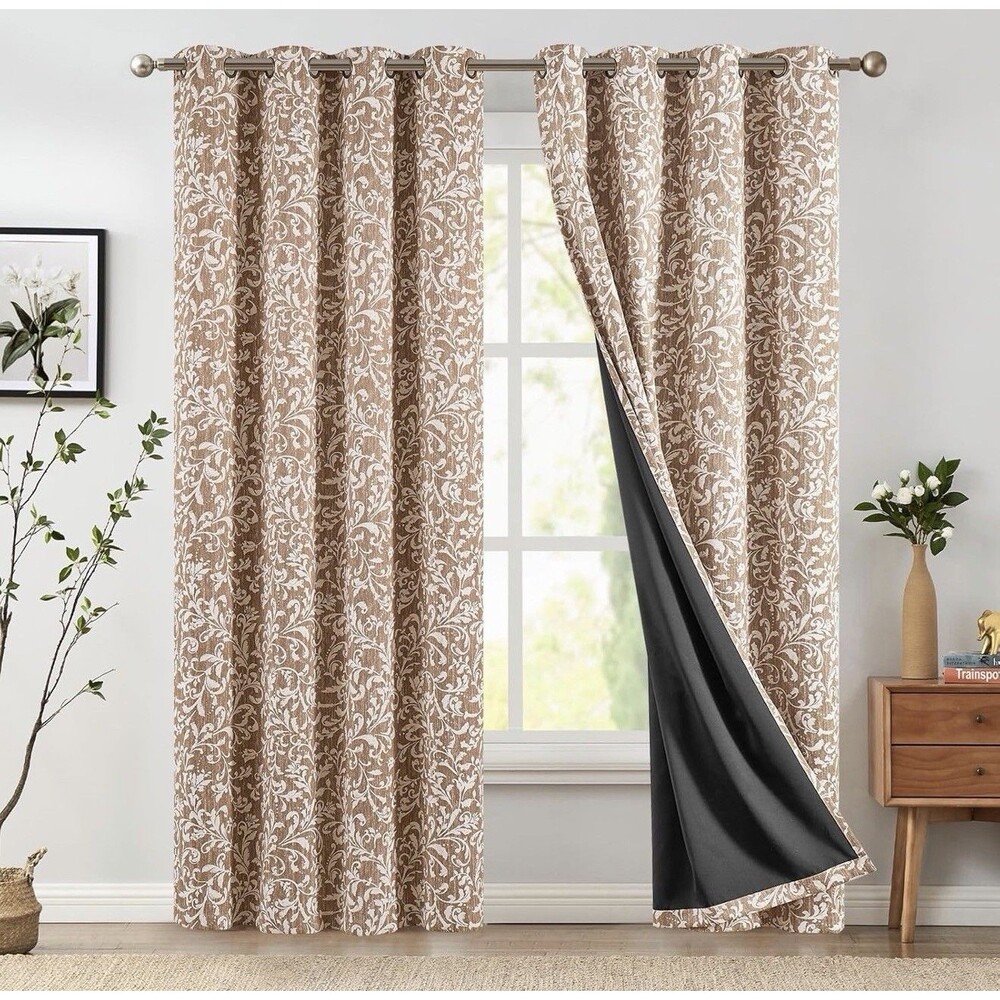 Jinchan Blackout Curtains 84” Warm Taupe Floral Scroll Grommet 2 Panels
